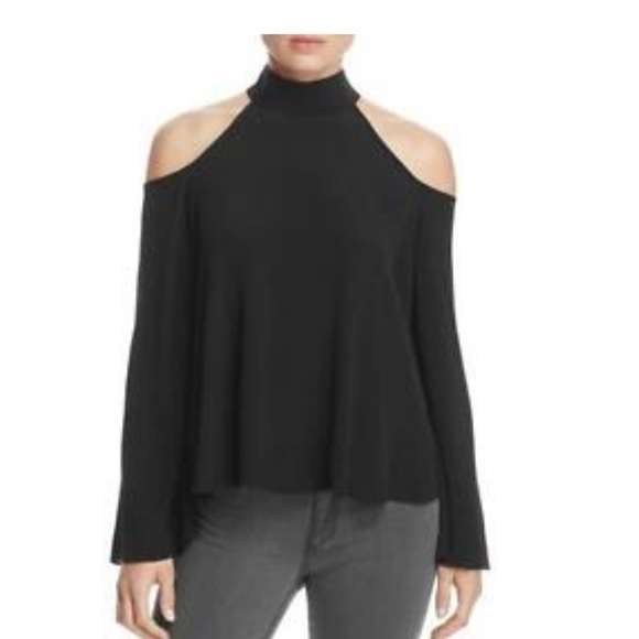 Elan | Black Georgette High Neck Cold Shoulder Belle Sleeve Swing Top M NWT - Picture 1 of 16